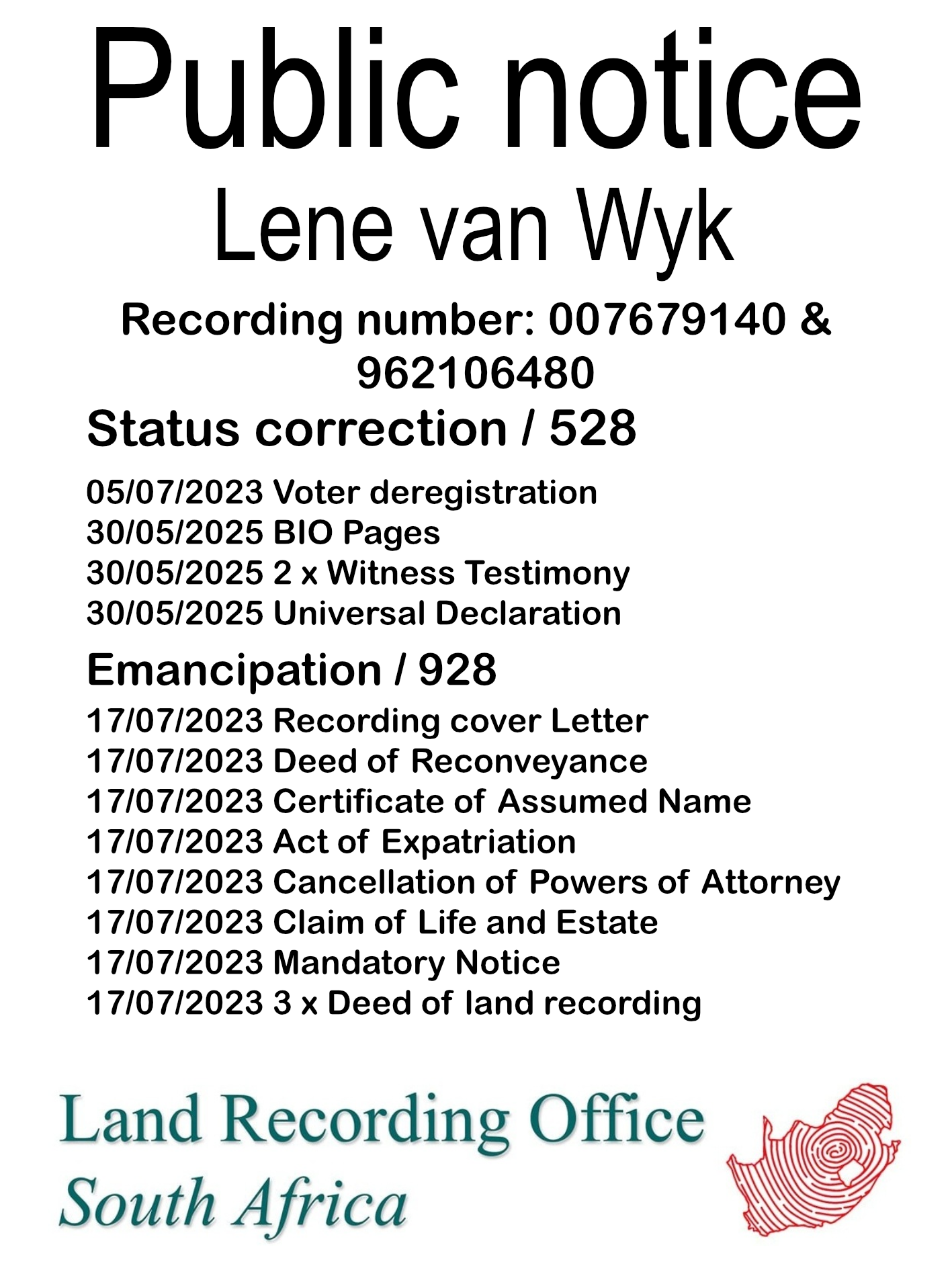 Public Notice Lene van Wyk (c) Recording number 007679140 & 962106480
